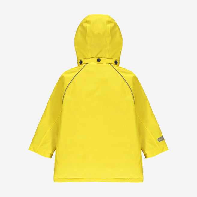 The back of a yellow Puddleflex Waterproof Fleece Lined Jacket. The coat has a hood and a few buttons at the back of the neck.